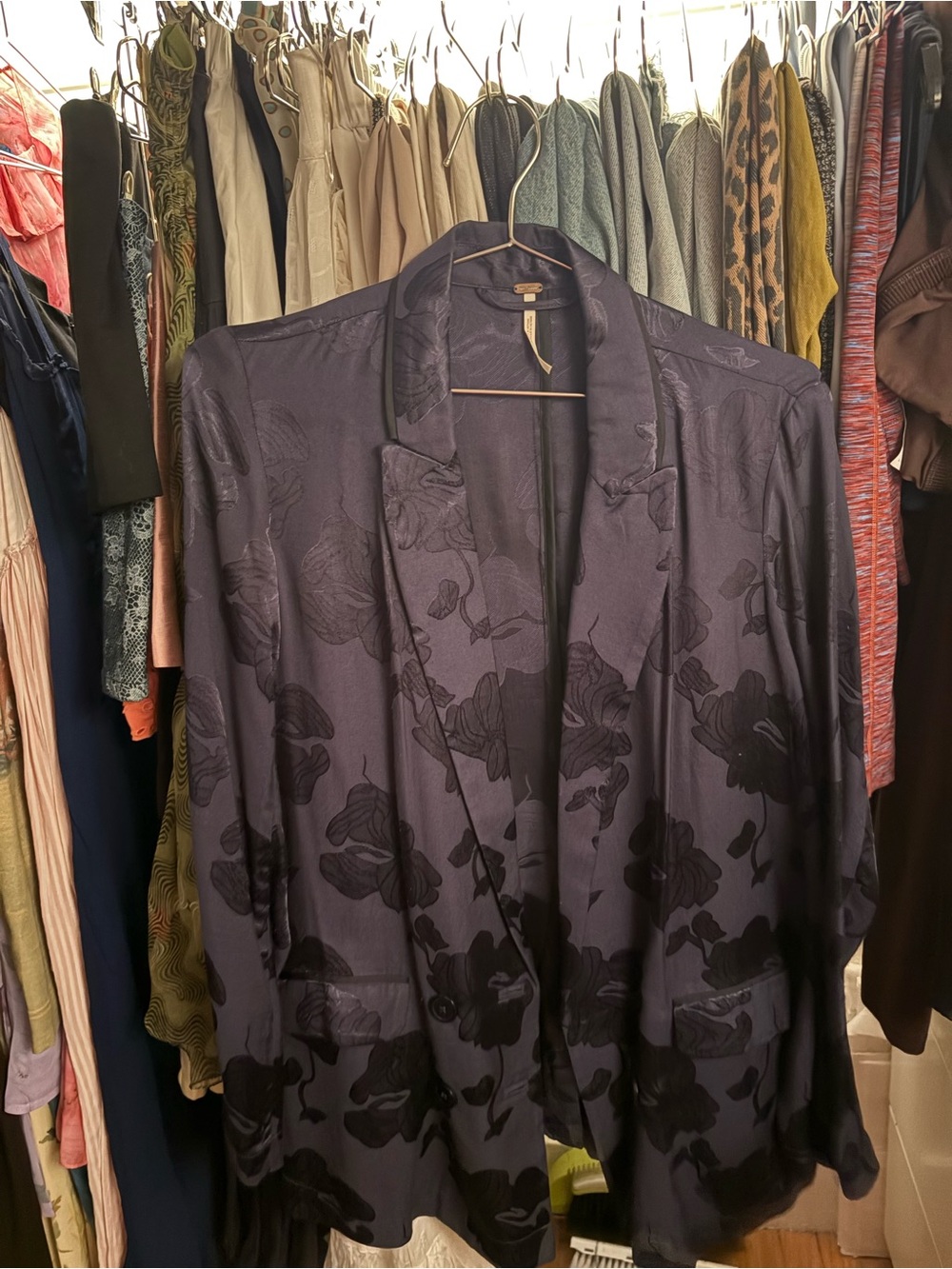 Free People Navy Floral Jacquard Blazer